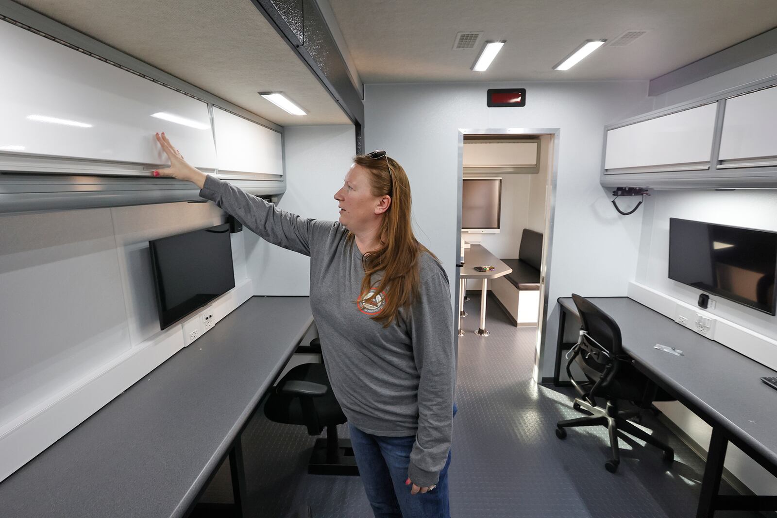 Michelle Clements-Pitstick, director of the Clark County EMA, talks about the county's new Command Center trailer Thursday, March 2, 2023. BILL LACKEY/STAFF