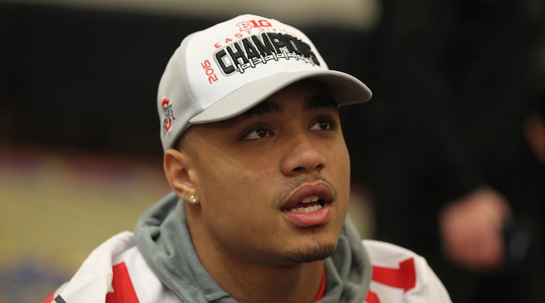 Ohio State's Jalin Marshall talks to reporters during Fiesta Bowl Media Day on Wednesday, Dec. 30, 2015, at the Camelback Inn in Scottsdale, Ariz. David Jablonski/Staff