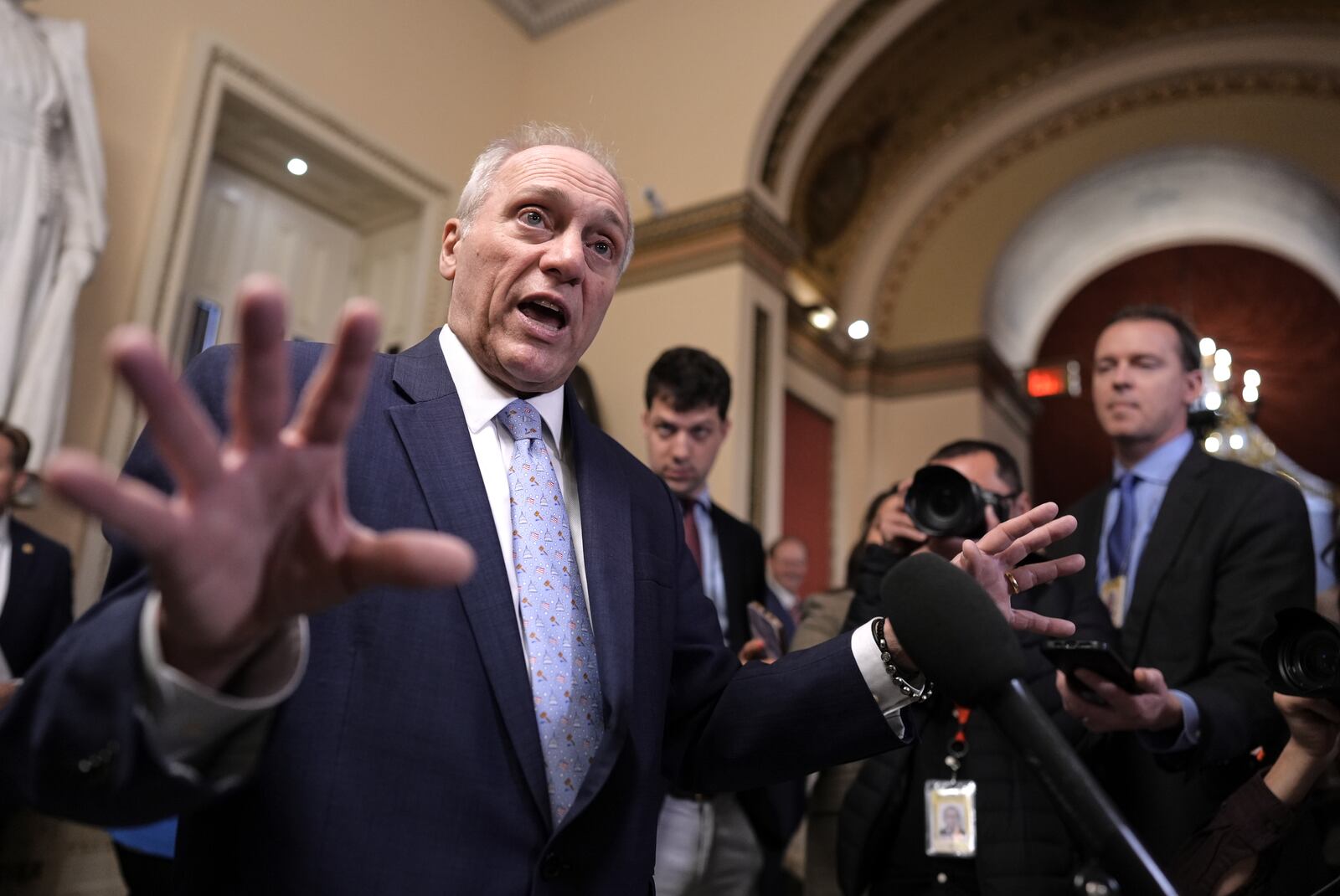 House Majority Leader Steve Scalise, R-La., talks to reporters just after House Republicans narrowly approved their budget framework, at the Capitol in Washington, Thursday, April 10, 2025. (AP Photo/J. Scott Applewhite)