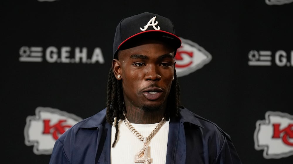 FILE - Kansas City Chiefs wide receiver Rashee Rice (4) speaks during a news conference following an NFL football game against the Indianapolis Colts, Nov. 23, 2025, in Kansas City, Mo. (AP Photo/Charlie Riedel, File)