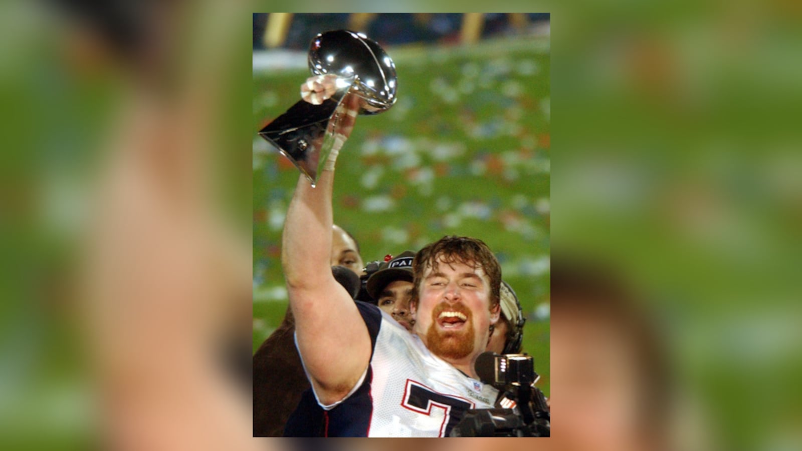 New England Patriots tackle Matt Light (72), a Greenviille High School graduate, celebrates the Patriots 24-21 win over the Philadelphia Eagles in Super Bowl XXXIX in Jacksonville, Fla., on Sunday, Feb. 6, 2005. (AP Photo/Carlos Osorio)
