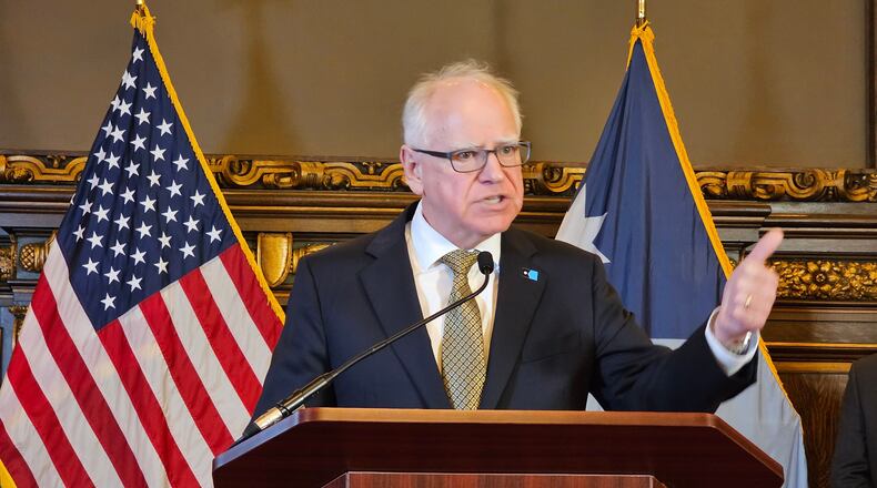 Democratic Minnesota Gov. Tim Walz gives a news conference at the state capitol in St. Paul, Minn., Thursday, Feb. 26, 2026. (AP Photo/Steve Karnowski)