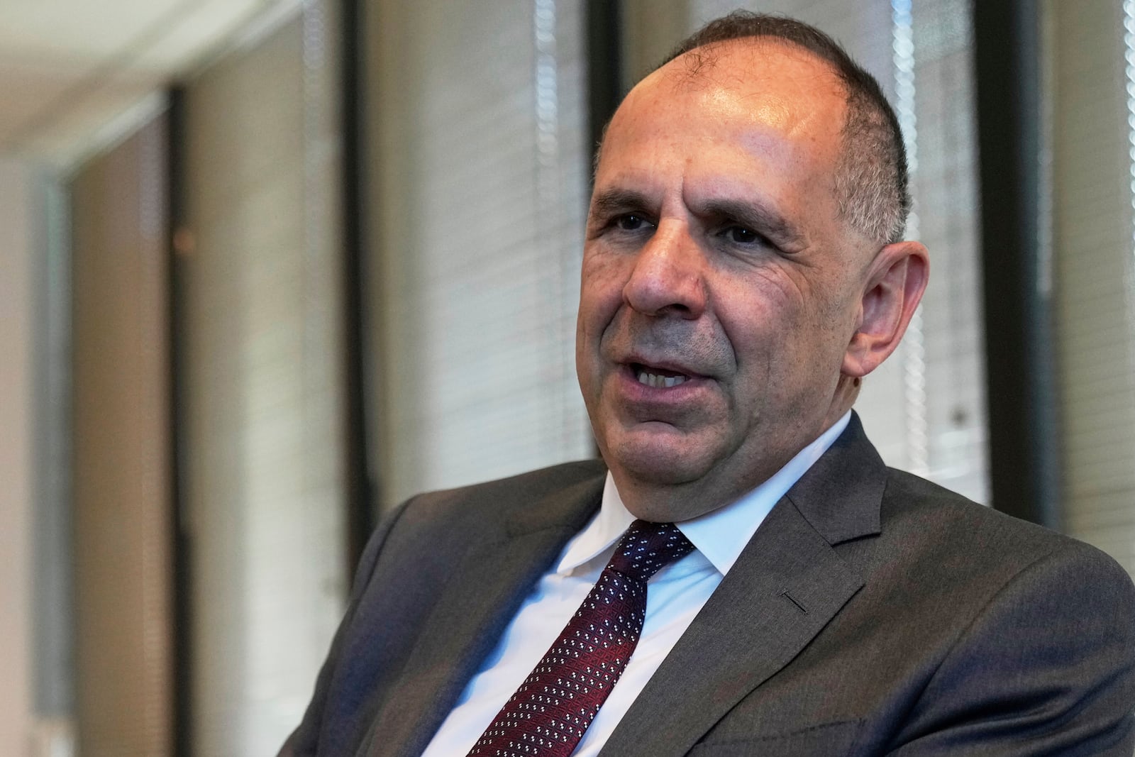 Greece Foreign Minister Giorgos Gerapetritis responds to questions during an interview at the Permanent Mission of Greece to the United Nations, in New York, Monday, May 19, 2025. (AP Photo/Richard Drew)