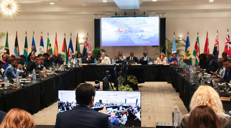 U.S. Secretary of State Marco Rubio, front center, attends the Caribbean Community (CARICOM) plenary session in Basseterre, Saint Kitts and Nevis, Wednesday, Feb. 25, 2026. (Jonathan Ernst/Pool photo via AP)
