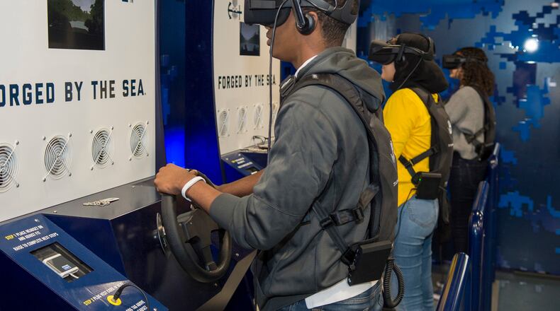Students in Florida participate in the Navy’s virtual reality asset, which will be visiting the Dayton Air Show July 30-31. (U.S. Navy video by Mass Communication Specialist 2nd Class Kyle Hafer)