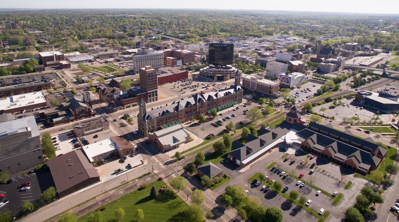 Aerial view of downtown Springfield looking northeast on April 24, 2017. TY GREENLEES / STAFF