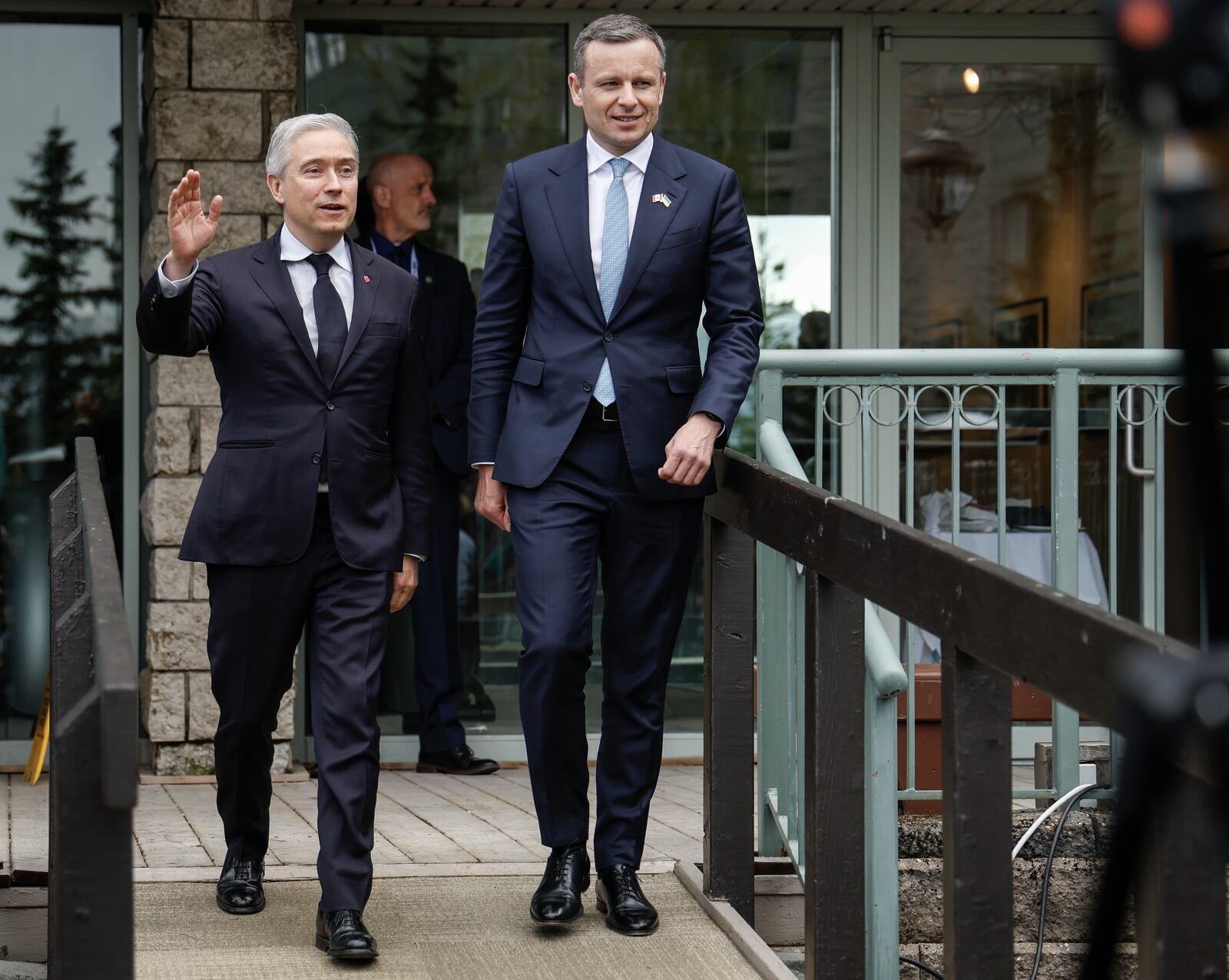 Ukraine Minister of Finance, Sergii Marchenko, right, and Canada's Finance Minister Francois-Philippe Champagne arrive to speak to the media prior to the G7 Finance Ministers meeting in Banff, Alberta, Tuesday, May 20, 2025. (Jeff McIntosh/The Canadian Press via AP)