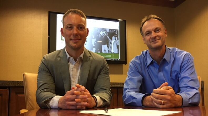 Ryan Hawk, creator of The Learning Leader podcast, and Doug Meyer, managing director of business advisory firm Brixey & Meyer. Hawk has taken his podcast and his curiosity about leadership to Brixey & Meyer. THOMAS GNAU/STAFF