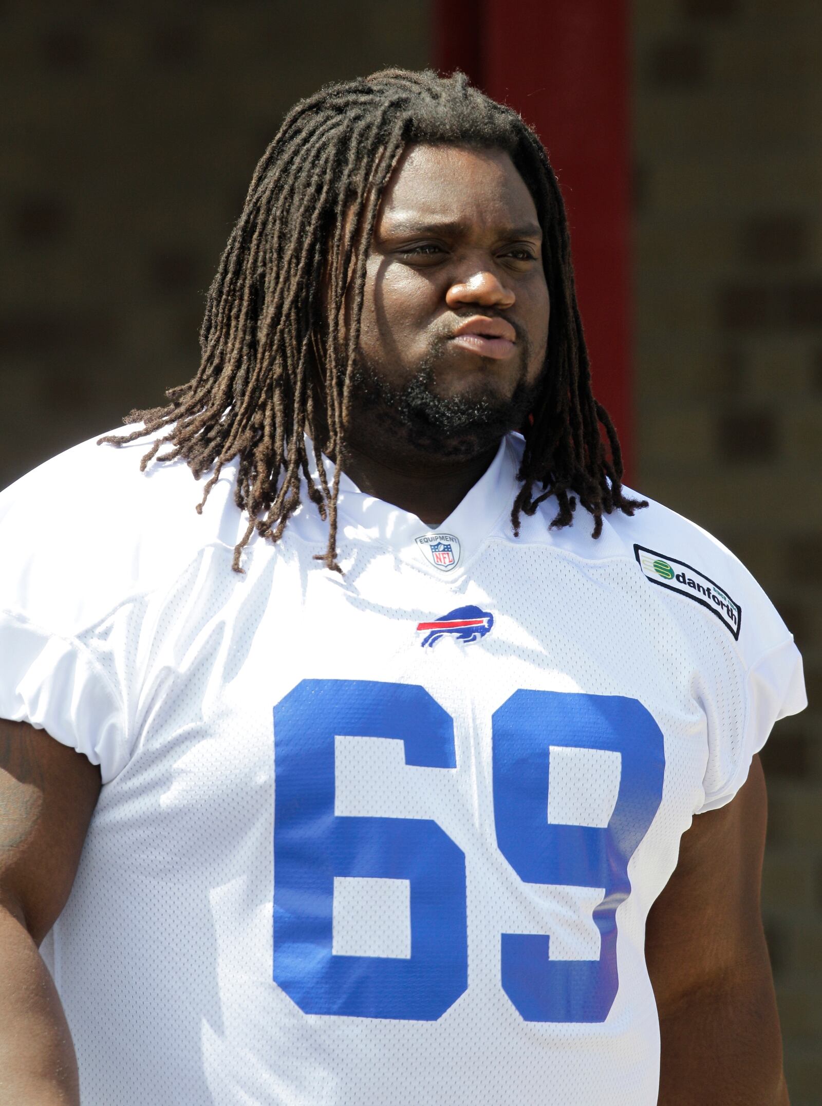 FILE - Buffalo Bills' Michael Jasper during NFL football training camp in Pittsford, N.Y., Friday, July 27, 2012. (AP Photo/David Duprey, File)