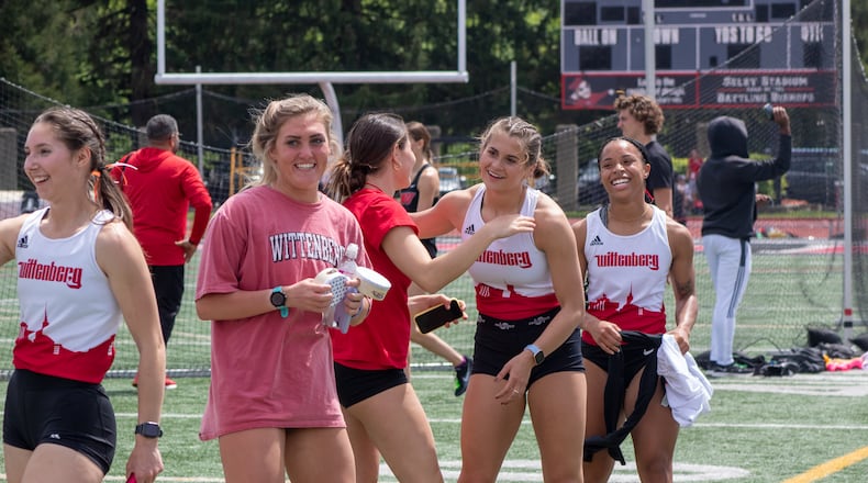 Members of the Wittenberg women's track celebrate at the NCAC championship at Ohio Wesleyan in Delaware in May 2023. Photo courtesy of Wittenberg