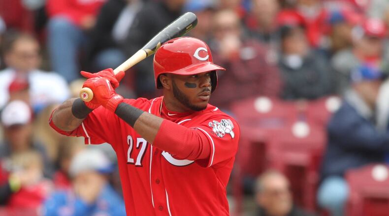 The Reds’ Phillip Ervin bats against the Cubs on Saturday, April 22, 2017, at Great American Ball Park in Cincinnati. It was his first big-league at-bat. David Jablonski/Staff