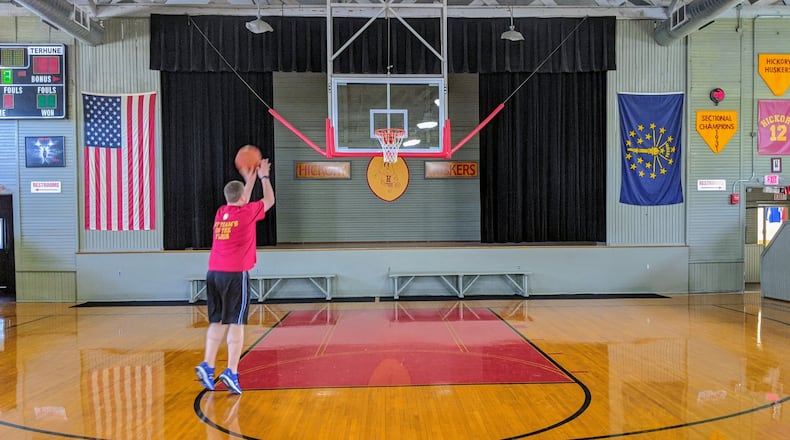 Andy Murphy takes a shot in Hoosier Gym in Knightstown, Ind., in 2020.