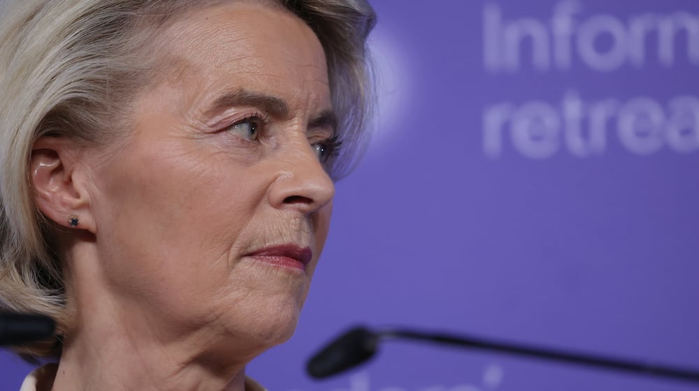 European Commission President Ursula von der Leyen addresses the media at the end of an EU summit at Alden Biesen Castle in Bilzen-Hoeselt, Belgium, Thursday, Feb. 12, 2026. (AP Photo/Omar Havana)