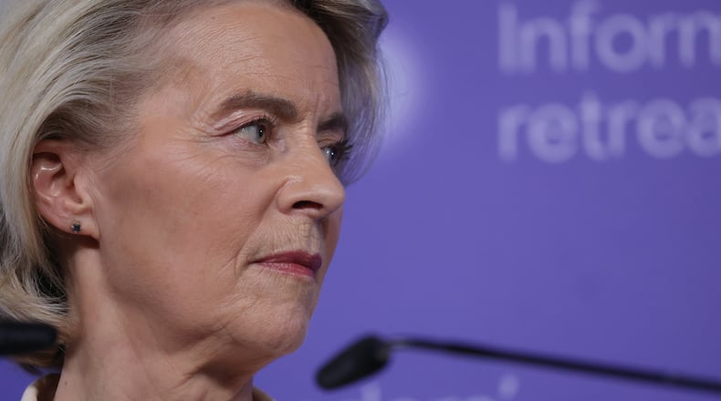 European Commission President Ursula von der Leyen addresses the media at the end of an EU summit at Alden Biesen Castle in Bilzen-Hoeselt, Belgium, Thursday, Feb. 12, 2026. (AP Photo/Omar Havana)