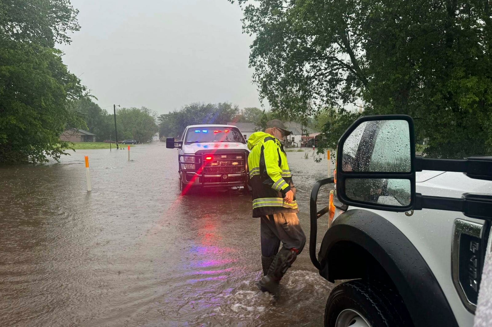 This photo provided by the Lexington Fire Department shows flooding in Lexington, Okla., Wednesday, April 30, 2025. Several people were evacuated from their homes due to flooding. (Trenton Mitchell/Lexington Fire Department via AP)
