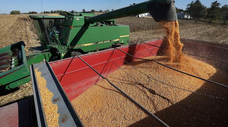 Bob Suver empties his corn harvest into a grain truck Wednesday along Detrick-Jordan Pike near New Carlisle. Even during a growing season when 1.5 million fewer acres of soybeans and corn were planted in Ohio, average farm incomes in the state are likely to increase compared to last year, according to an agricultural economist with The Ohio State University. BILL LACKEY/STAFF