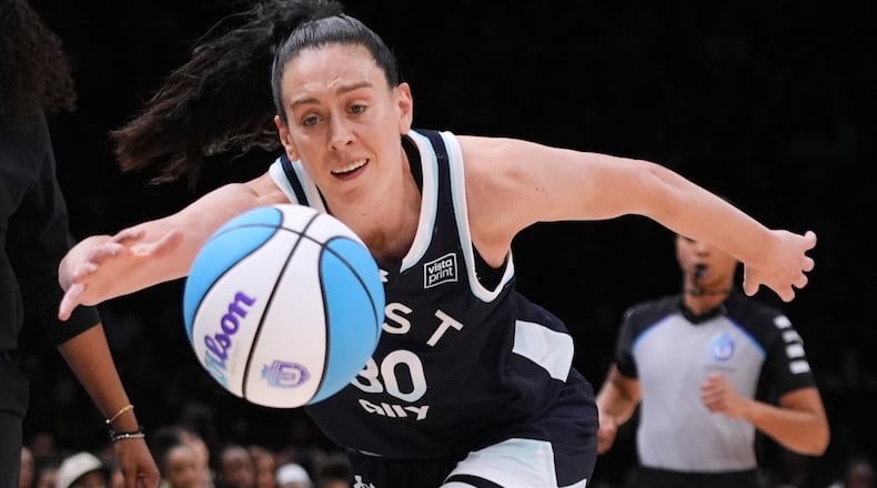Mist BC wing Breanna Stewart (30) chases down a loose ball during the second half of a semifinal in an Unrivaled 3-on-3 basketball game against Breeze BC, Monday, March 2, 2026, in New York. (AP Photo/Frank Franklin II)