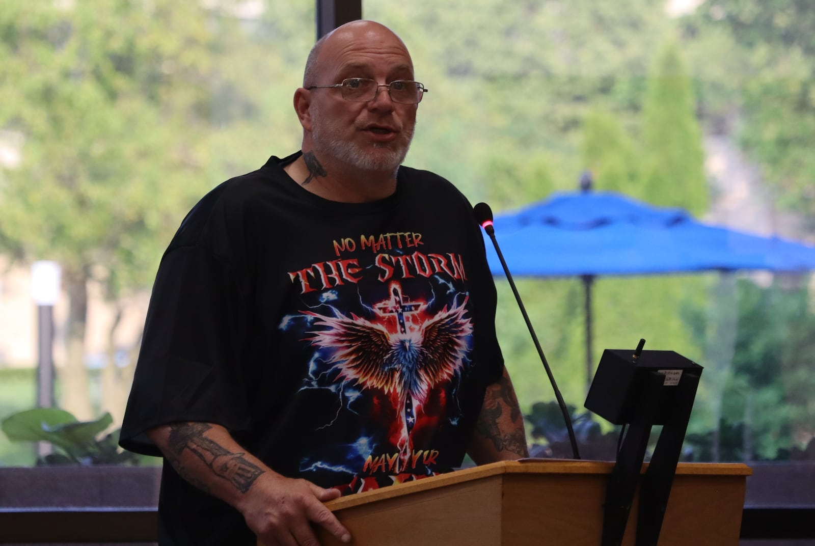 David Rose speaks about Randy Graham, who was shot and killed in Springfield recently, at the city hall forum Tuesday, June 3, 2025. JESSICA OROZCO/STAFF