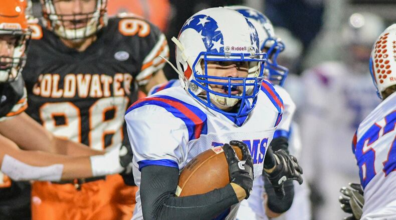 Greeneview’s Nick Clevenger (shown here vs. Coldwater in 2016 playoff game) rushed for 208 yards and three touchdowns in last week’s 31-28 win over Cincinnati Madeira. FILE PHOTO