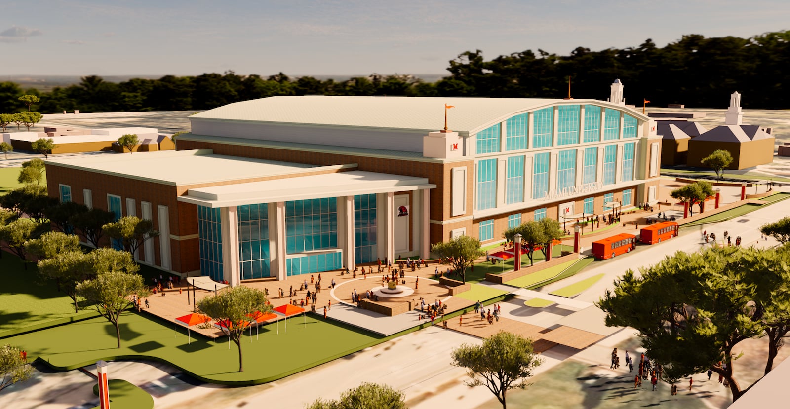 The status of a proposed $281 million sports arena on Miami University’s campus may be decided on Friday, said school officials, as Miami’s governing board of trustees are scheduled to vote on the project and its possible funding. This rendered view is looking south of the proposed arena. (Provided)