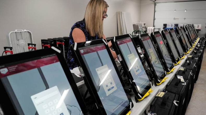FILE - Voting machines are seen at the Bartow County Election office, Jan. 25, 2024, in Cartersville, Ga. (AP Photo/Mike Stewart, File)