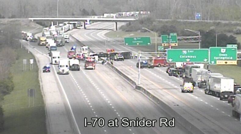 An overturned semi truck temporarily closed both direction of Interstate 70 near Ohio 4 in Clark County on Thursday, April 24, 2025. Photo courtesy the Ohio Department of Transportation.