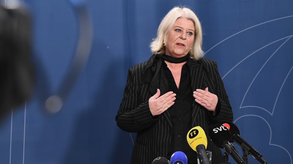 Minister of Social Services Camilla Waltersson Grönvall meets the media after meeting with e-commerce companies, children's rights organizations and authorities following the high-profile reporting on sex dolls depicting children, in Stockholm, Friday, Nov. 28, 2025. (Lars Schröder/TT News Agency via AP)