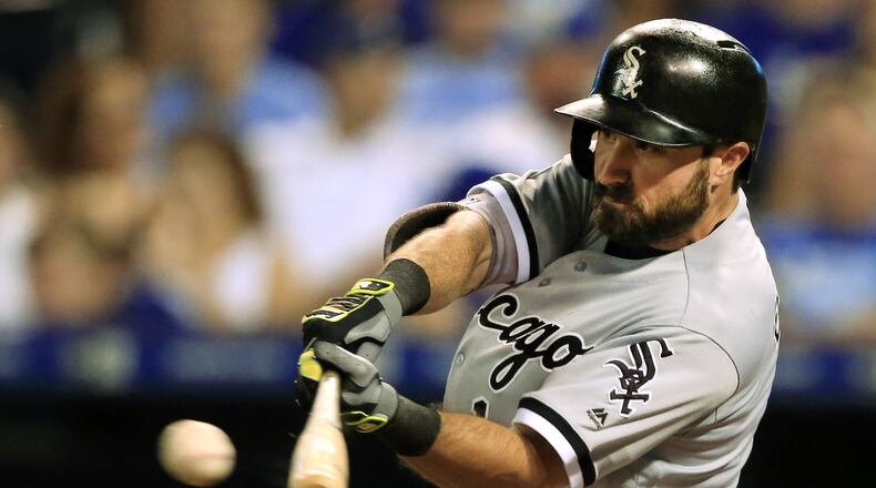The White Sox’s Adam Eaton bats against the Kansas City Royals at Kauffman Stadium in Kansas City, Mo., in August. (AP Photo/Orlin Wagner, File)