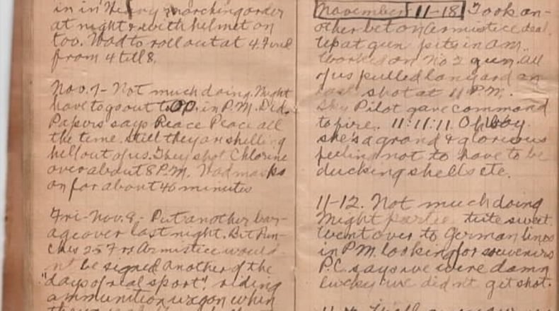 Page from Mark Stafford’s diary during World War I. CONTRIBUTED