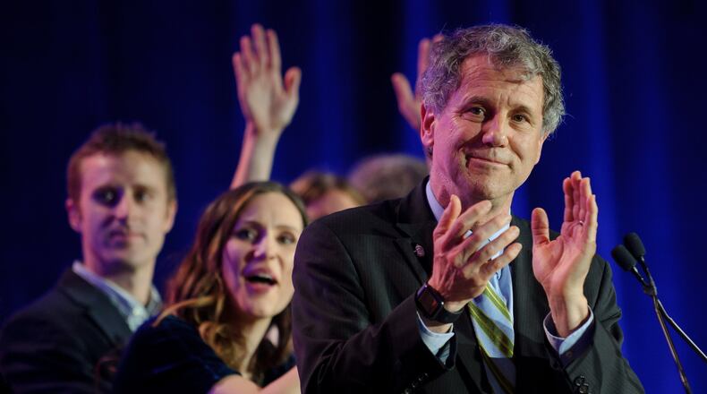 U.S. Sen. Sherrod Brown celebrates his re-election victory at the Hyatt Regency on November 6, 2018, in Columbus, Ohio. (Photo by Jeff Swensen/Getty Images)