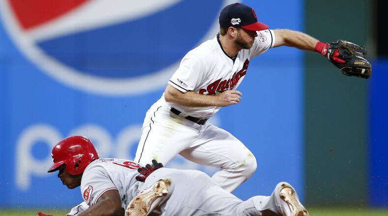 CLEVELAND, OH - JUNE 11: Yasiel Puig #66 of the Cincinnati Reds is safe at second base with a double as Mike Freeman #6 of the Cleveland Indians covers during the seventh inning at Progressive Field on June 11, 2019 in Cleveland, Ohio. (Photo by Ron Schwane/Getty Images)