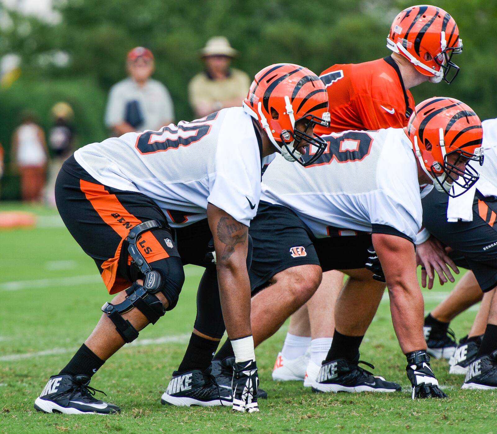 Offensive tackle Cedric Ogbuehi gets ready for the snap on the first day of the Cincinnati Bengals training camp on her birthday Friday, July 29 at their practice fields near Paul Brown Stadium in Cincinnati. NICK GRAHAM/STAFF