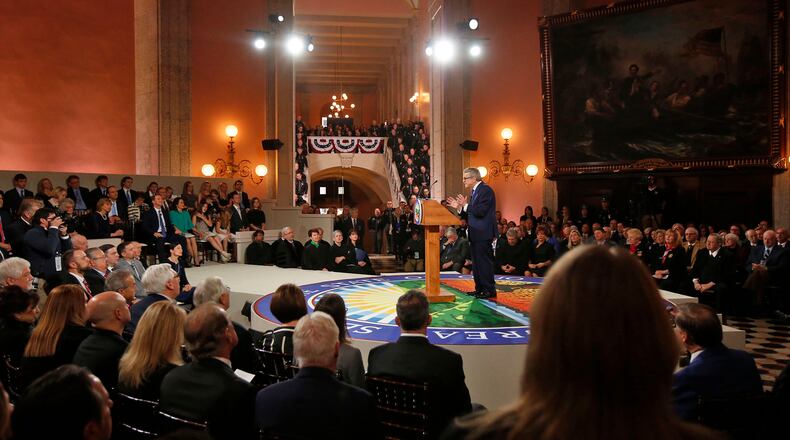 Ohio Governor Mike DeWine during a public inauguration ceremony at the Ohio Statehouse, Monday, Jan. 14, 2019, in Columbus, Ohio. TY GREENLEES