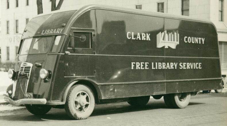 This photo shows a walk-in Bookmobile in 1941. PHOTO COURTESY OF THE CLARK COUNTY HISTORICAL SOCIETY