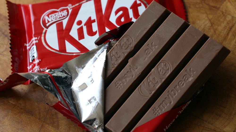 FILE - A KitKat chocolate bar in Rugby, England, on July 25, 2018. (AP Photo/Martin Cleaver, File)