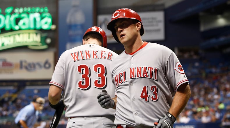 ST. PETERSBURG, FL - JUNE 19:  Scott Schebler #43 of the Cincinnati Reds celebrates with teammate Jesse Winker #33 after hitting a home run off of pitcher Jake Odorizzi of the Tampa Bay Rays during the fifth inning of a game on June 19, 2017 at Tropicana Field in St. Petersburg, Florida. (Photo by Brian Blanco/Getty Images)