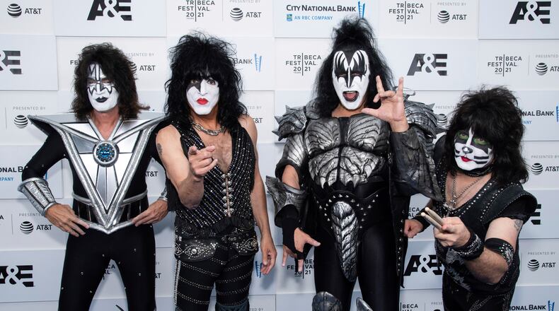 Members of the band Kiss, from left, Tommy Thayer, Paul Stanley, Gene Simmons and Eric Singer attend the premiere of A&E Network's "Biography: KISStory" during the 20th Tribeca Festival at Battery Park on Friday, June 11, 2021, in New York. (Photo by Charles Sykes/Invision/AP)