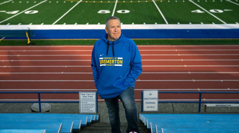 FILE — Joseph Kennedy, the football coach, at Bremerton High School in Bremberton, Wash., on Feb. 7, 2022. The Supreme Court ruled on Monday, June 27, 2022, that Kennedy has a constitutional right to pray at the 50-yard line after his team’s games. (Ruth Fremson/The New York Times)