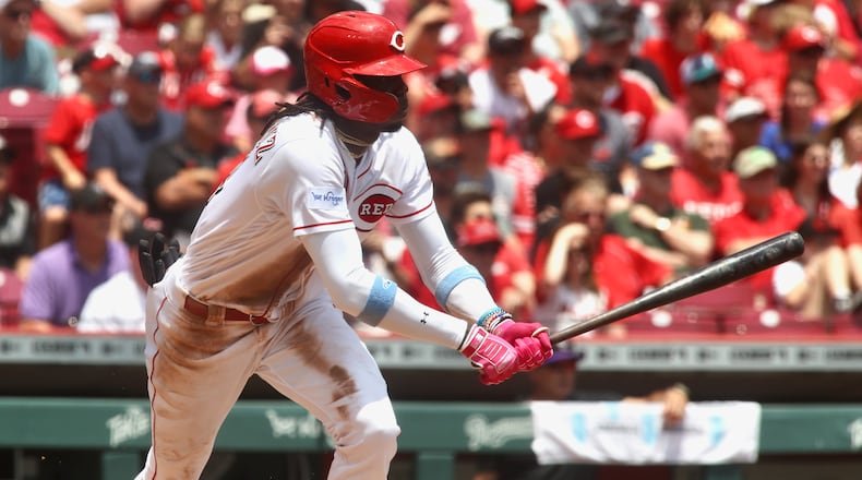 The Reds' Elly De La Cruz singles against the Rockies on Wednesday, June 21, 2023, at Great American Ball Park in Cincinnati. David Jablonski/Staff