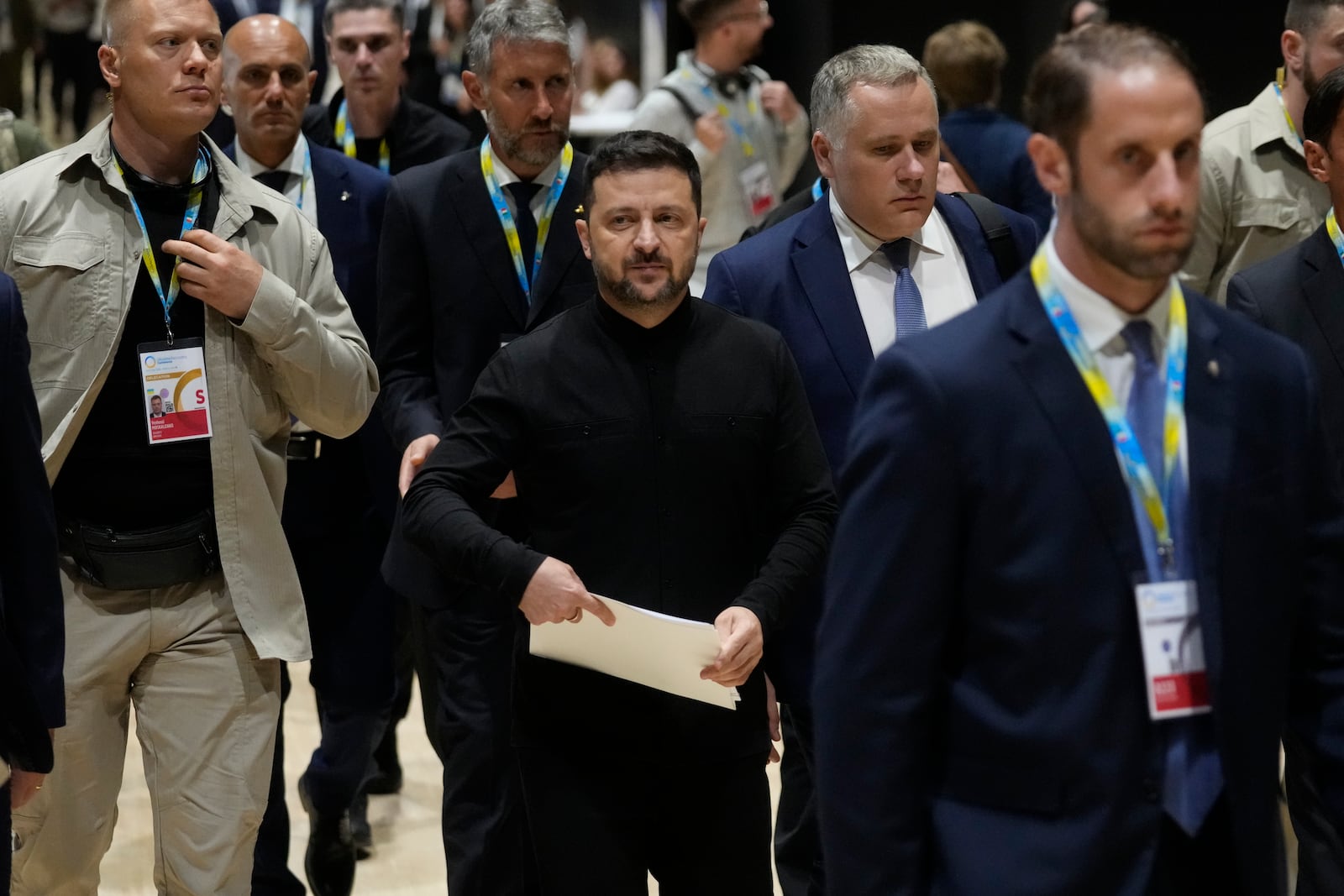 Ukraine's President Volodymyr Zelenskyy arrives ahead a news conference during the Ukraine Recovery Conference at La Nuvola convention center in Rome, Thursday, July 10, 2025. (AP Photo/Gregorio Borgia)