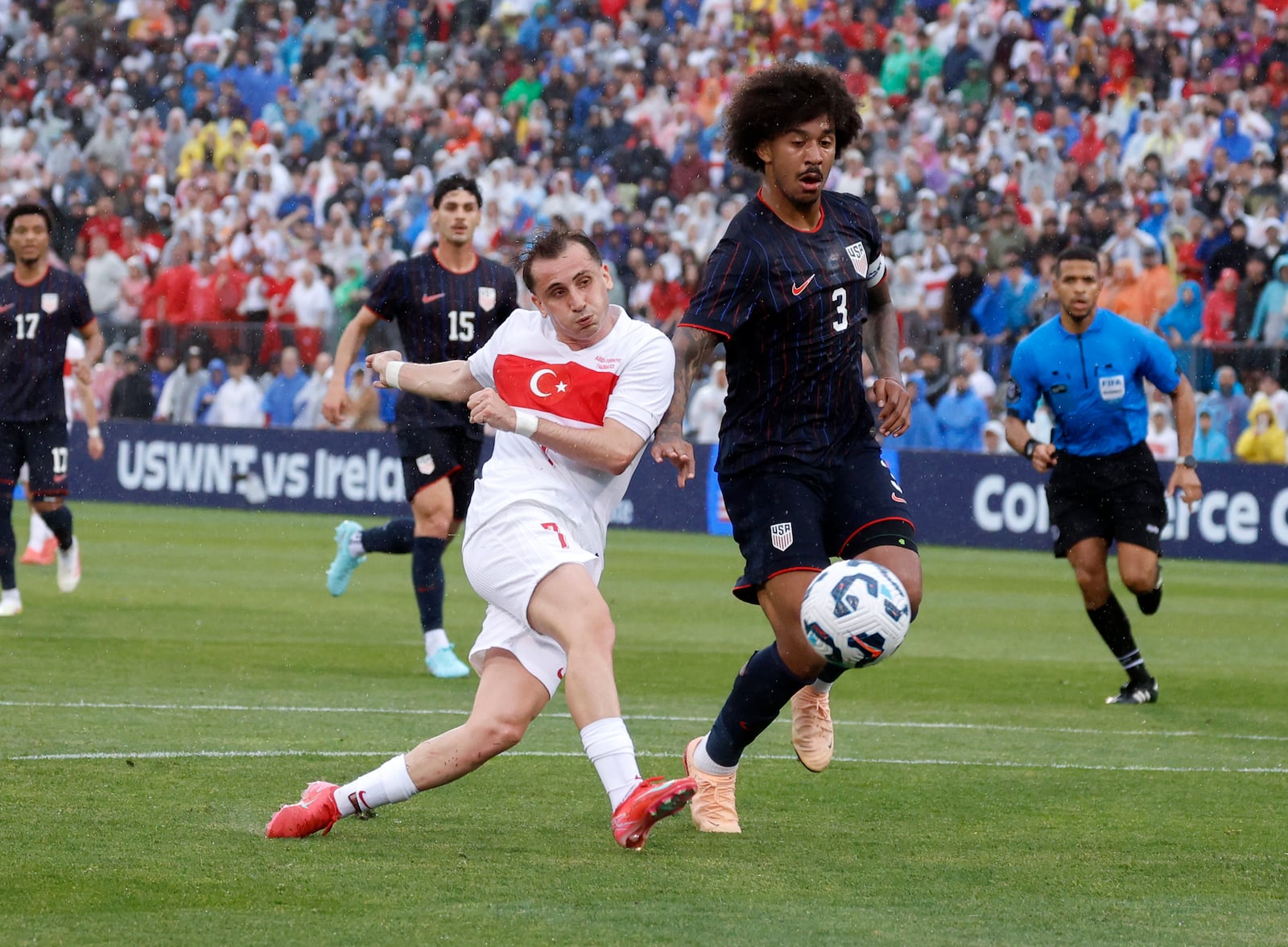 Turkey forward Kerem Aktürkoglu (7) shoots on goal ahead of United States defender Chris Richards (3) during the first half of an international friendly soccer game, Saturday, June 7, 2025, in East Hartford, Conn. (AP Photo/Mary Schwalm)
