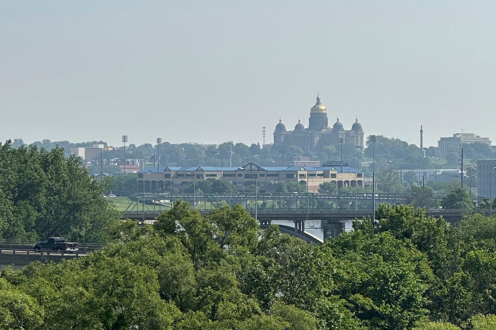 The Iowa state Capitol is seen through smoky skies due to wildfires in Canada, Wednesday, June 4, in Des Moines, Iowa. (AP Photo/Scott McFetridge)