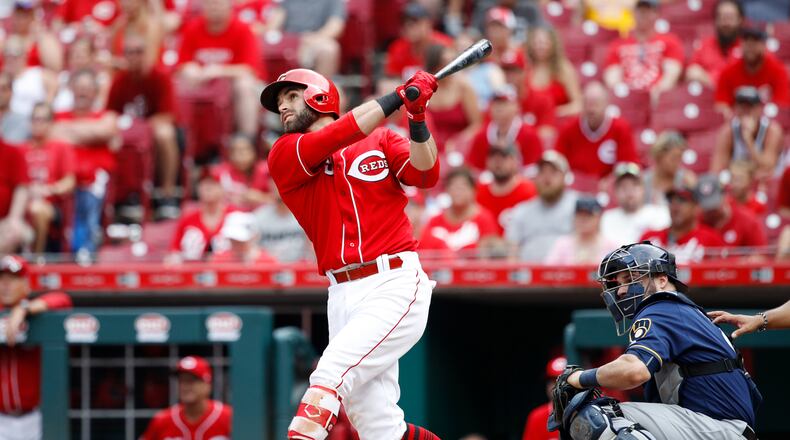 CINCINNATI, OH - JULY 01: Jose Peraza #9 of the Cincinnati Reds hits a grand slam home run in the sixth inning against the Milwaukee Brewers at Great American Ball Park on July 1, 2018 in Cincinnati, Ohio. (Photo by Joe Robbins/Getty Images)