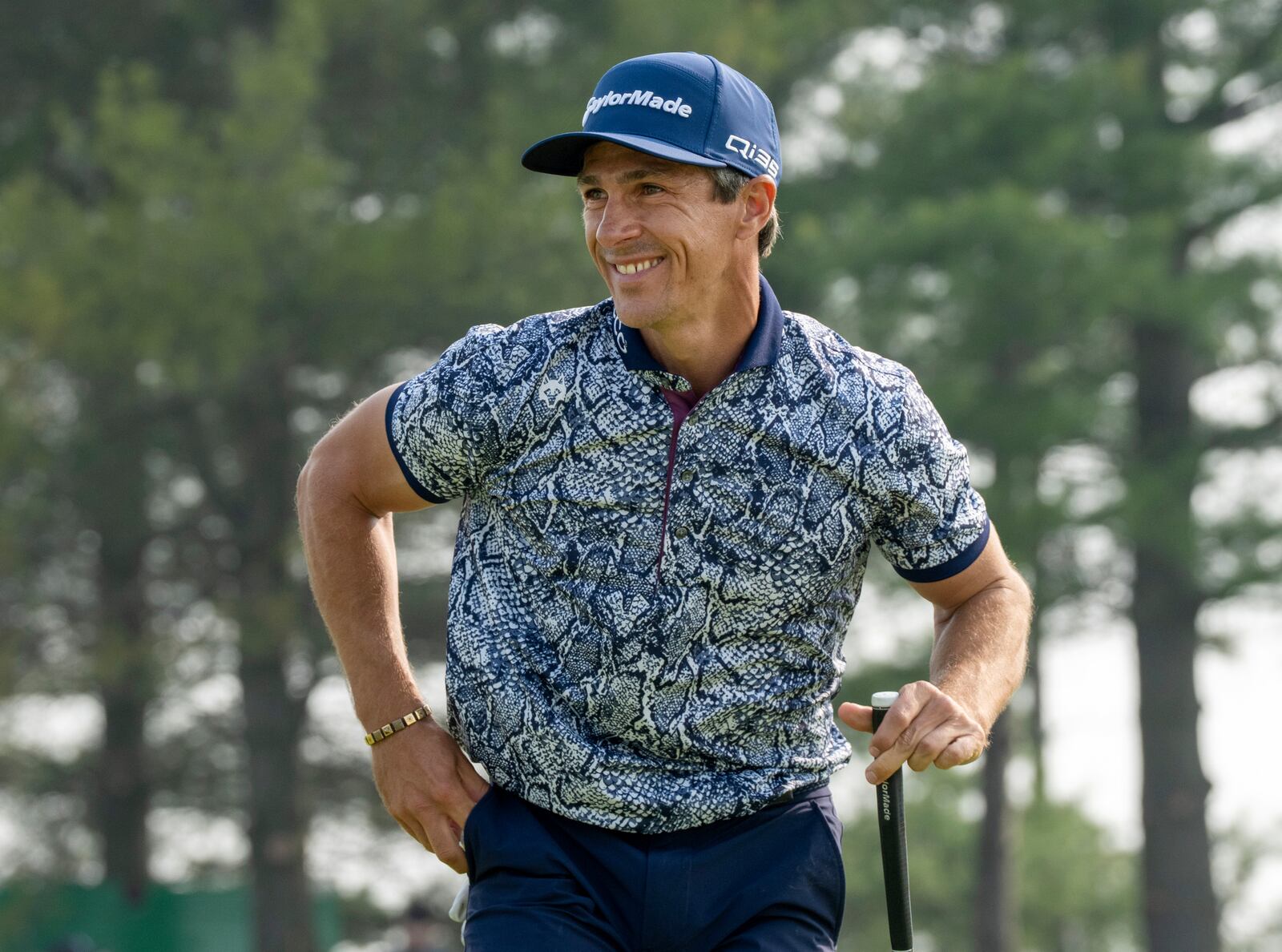 Denmark's Thorbjorn Olesen smiles after putting out on his final hole during the first round of the Canadian Open golf tournament in Caledon, Ontario, Thursday, June 5, 2025. (Frank Gunn/The Canadian Press via AP)