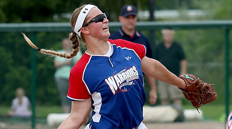 Northwestern pitcher Jenna Robbins delivers to Badin during their Division III regional softball semifinal at Wright State University last season. E.L. HUBBARD / CONTRIBUTED