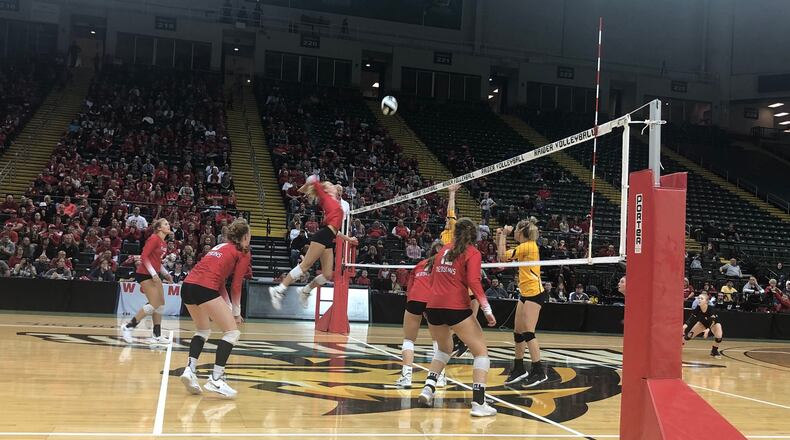 St. Henry (left) defeated Monroeville in the Division IV state semifinals on Thursday at the Nutter Center. St. Henry will face MAC rival New Knoxville in Saturday's state championship match. OHSAA photo