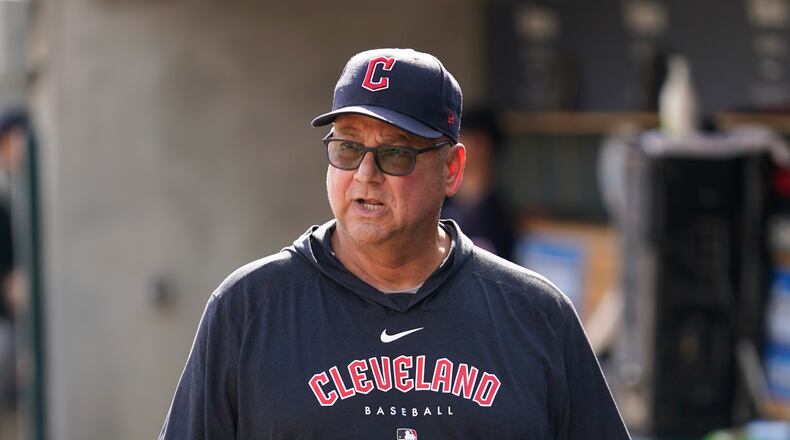 Cleveland Guardians manager Terry Francona looks on before the first inning of a baseball game against the Detroit Tigers, Sunday, Oct. 1, 2023, in Detroit. (AP Photo/Paul Sancya)