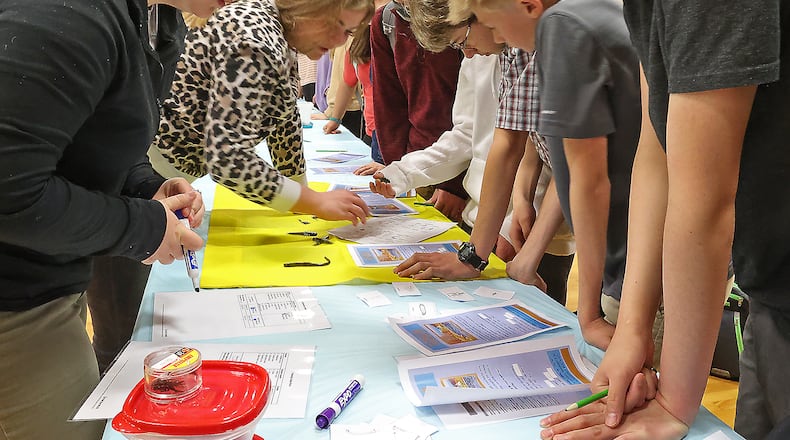 Global Impact STEM Academy students work on a Creek Stomping exercise, where they try to figure out the chemical and physical qualities of a stream during this year's Ag Day at the school. BILL LACKEY/STAFF