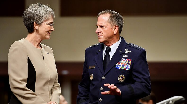 Secretary of the Air Force Heather Wilson and Air Force Chief of Staff Gen. David Goldfein prepare to testify before the Senate Armed Services Committee June 6, 2017, in Washington, D.C. AIR FORCE PHOTO