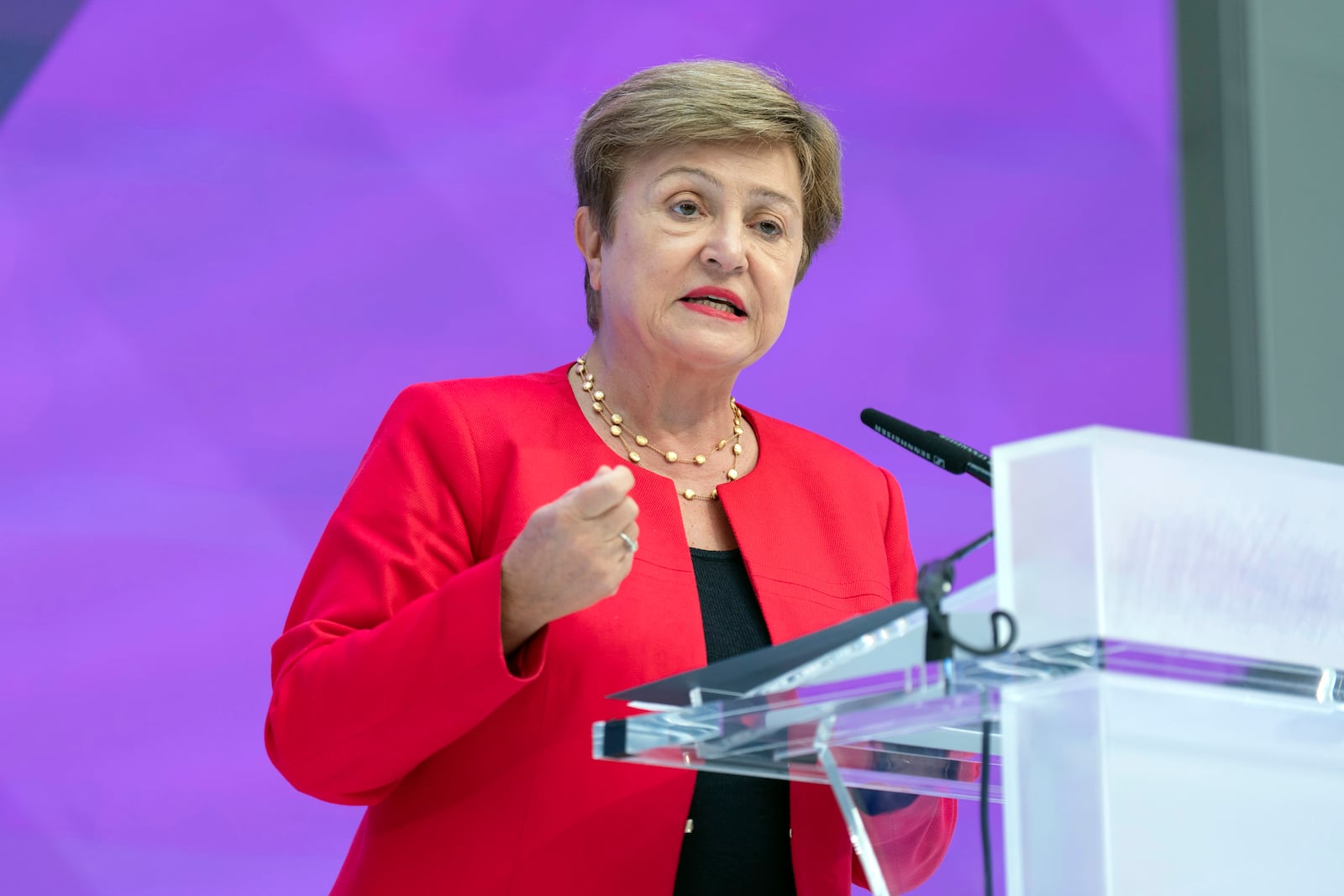 International Monetary Fund (IMF) Managing Director Kristalina Georgieva speaks at the forum Tokenization and the Financial System during the World Bank/IMF Spring Meetings at the International Monetary Fund (IMF) headquarters in Washington, Wednesday, April 23, 2025. (AP Photo/Jose Luis Magana)